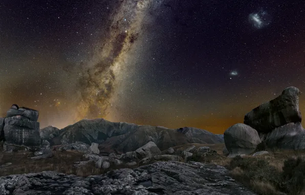 Grass, space, stars, mountains, night, darkness, stones, rocks