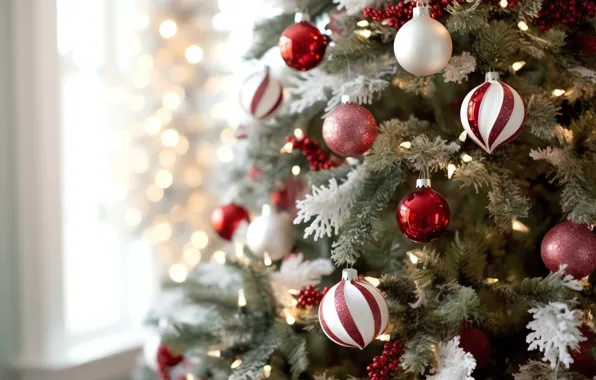 Frost, balls, light, strips, window, Christmas, red, New year