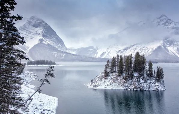 Picture winter, snow, landscape, mountains, nature, lake, island, Canada