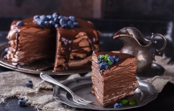 Berries, blueberries, cake, layers, cream, piece, chocolate, tortik's
