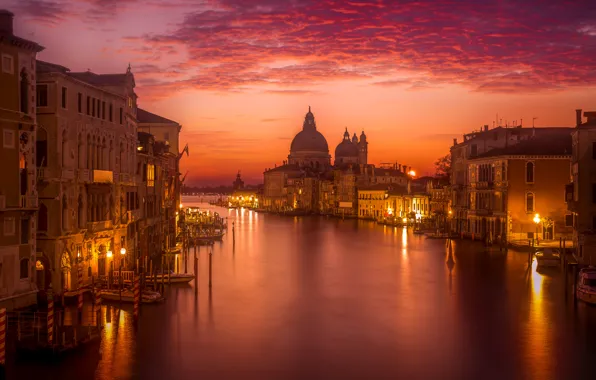 The sky, clouds, night, lights, Italy, Venice, channel, glow