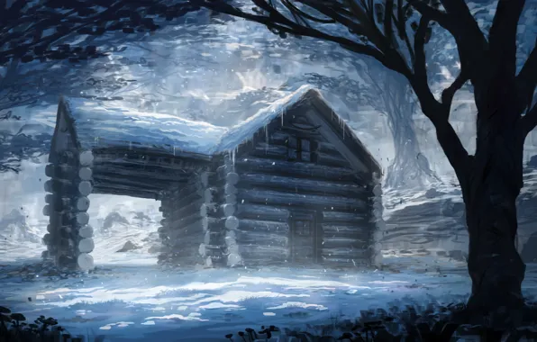 Winter, snow, trees, art, house, painting