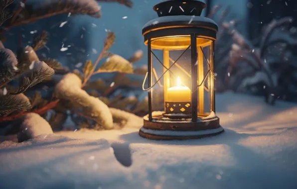 Winter, light, snow, night, candle, Christmas, flashlight, lantern