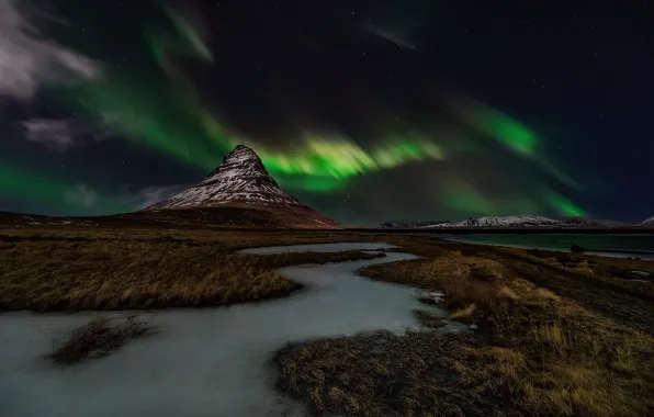 The sky, stars, night, Northern lights, Iceland, mountain Kirkjufell