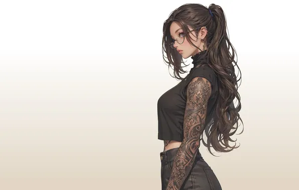 Picture girl, hot, sexy, long hair, anime, pretty, tattoo, glasses