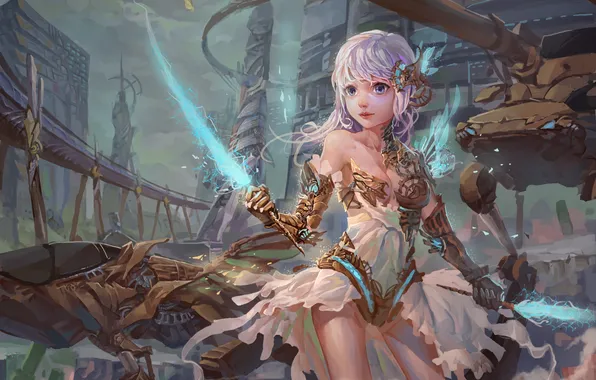 Girl, sword, robots, art, ylpylf