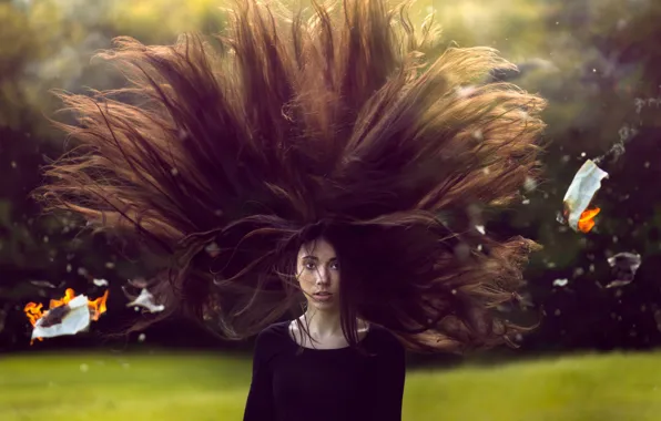 Picture girl, the wind, long hair
