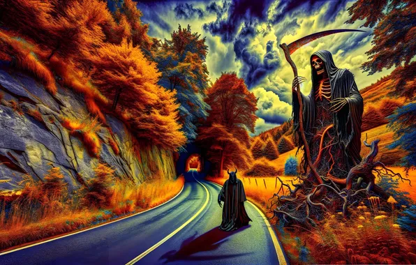 Road, autumn, death, the demon, fantasy, braid