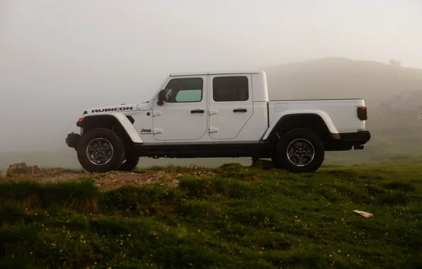 Picture Jeep, white, Rubicon, 2019, Gladiator, pickup, in profile, 4x4