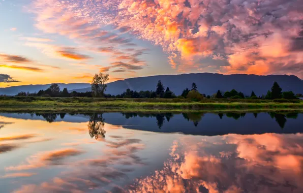 Picture clouds, trees, landscape, sunset, mountains, nature, lake, reflection