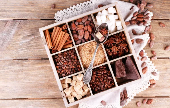 Picture coffee, chocolate, grain, sugar, nuts, cinnamon