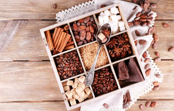 Coffee, chocolate, grain, sugar, nuts, cinnamon