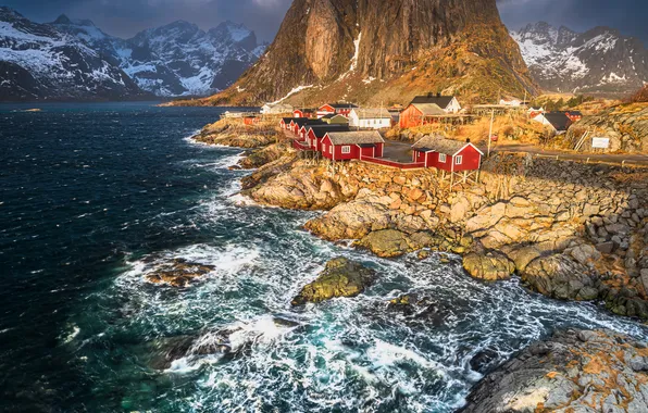 Sea, wave, light, mountains, clouds, stones, rocks, shore