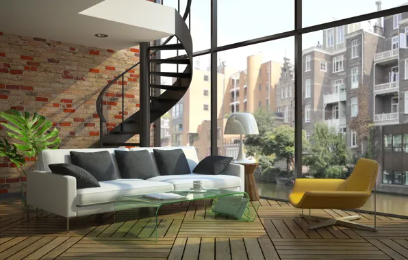 Picture windows, sofa, stairs, modern loft
