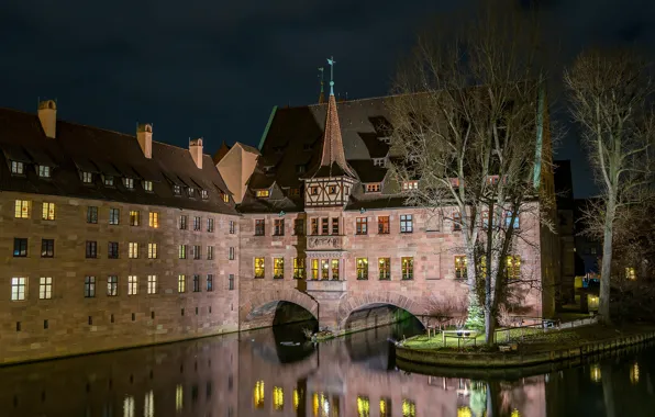 Picture trees, night, lights, river, home, Germany, channel, Nuremberg