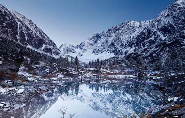 Winter, landscape, mountains, nature, lake, reflection, Russia, Altay