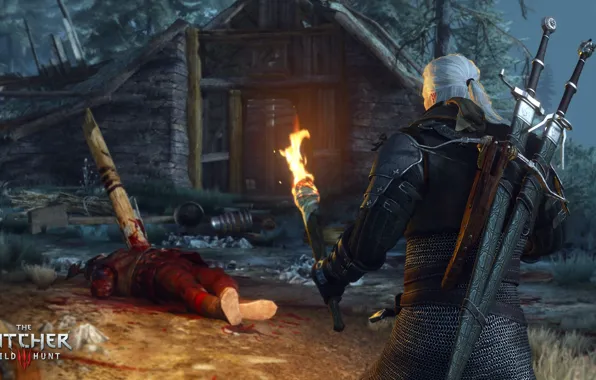 Torch, swords, the Witcher, the corpse, Geralt, crossbow, The Witcher 3: Wild Hunt, The Witcher …