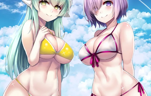 Girl, sexy, cleavage, pink hair, horns, sky, long hair, sea
