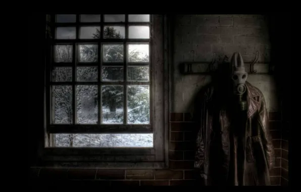 Picture winter, wall, Apocalypse, grille, gas mask, bricks, cloak, hanger