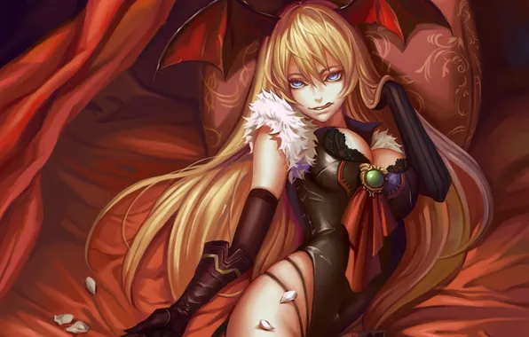 Language, wings, the demon, art, tail, bed, pillow, demoness