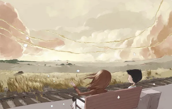 Mountains, bench, the wind, rails, boy, horizon, fluff, girl
