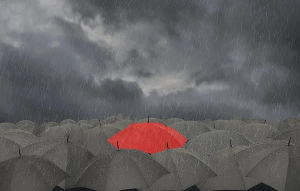 Red, clouds, rain, umbrellas