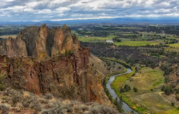 Picture rock, house, river, mountain, valley