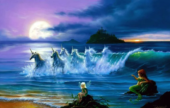 Picture clouds, the ocean, the moon, elf, wave, mermaid, Jim Warren, unicorns