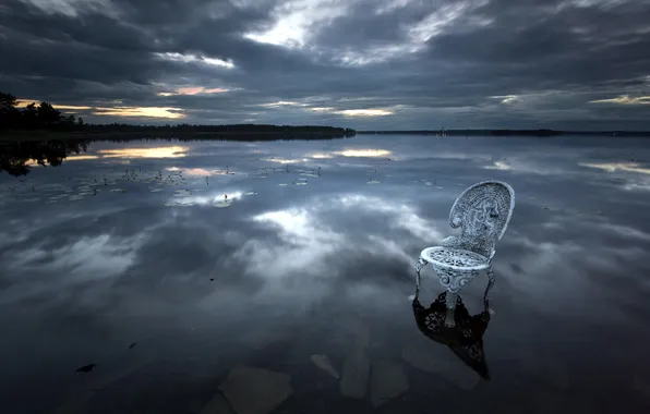 Night, lake, chair