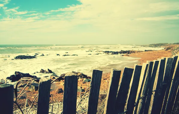 Picture sand, sea, wave, beach, water, stones, the fence, surf