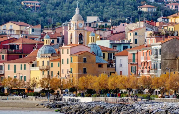 Picture sea, trees, stones, shore, home, Italy, Liguria, San Terenzo