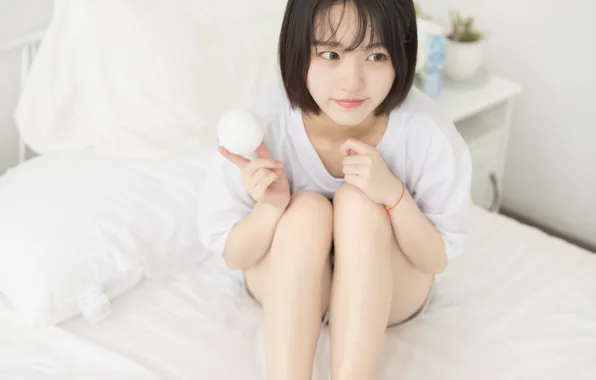 Beautiful, Asian, Model, Bed, pretty, Ball, Woman, Shorthair