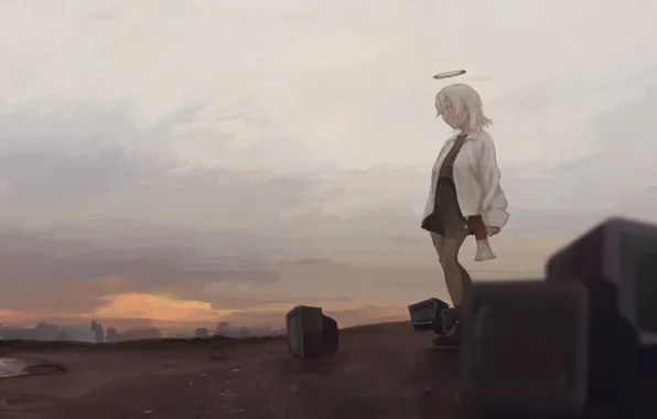 Sand, surrealism, girl, halo, TV, mouthpiece
