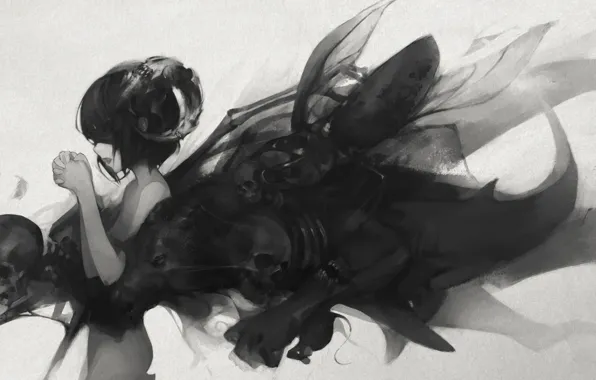 Girl, Skull, Undead, Train, Crows