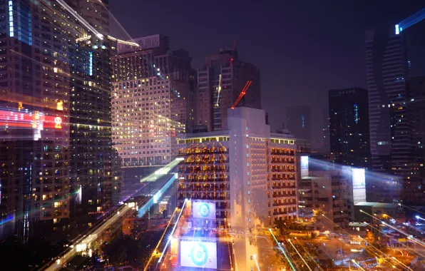 The sky, rays, light, night, the city, lights, movement, street