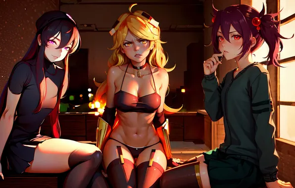 Girls, linen, stockings, anime, window, friend, outfits, dresses