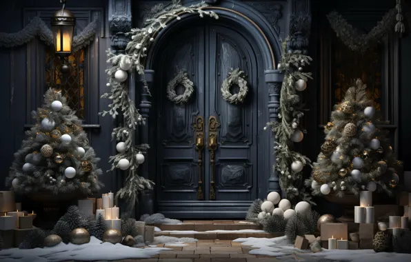 Winter, snow, gate, door, Christmas, New year, AI art, neural network