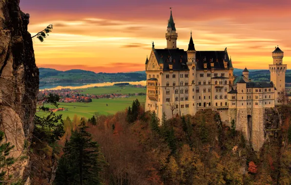 Autumn, forest, the sky, trees, landscape, sunset, mountains, castle