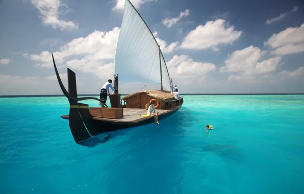 Picture water, the ocean, stay, boat, vacation, family, bathing, girl