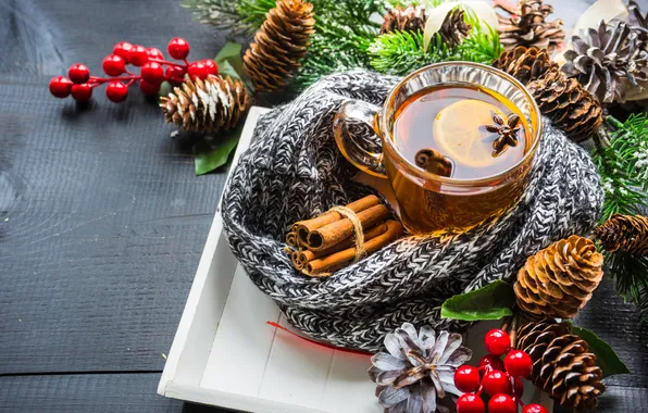 Branches, berries, tea, Board, orange, scarf, fruit, Christmas