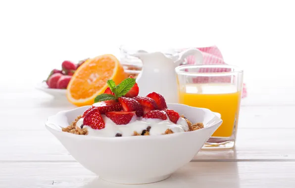 Orange, Breakfast, strawberry, juice, yogurt, granola