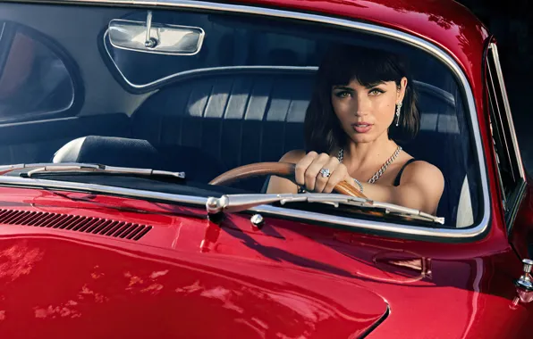 Picture auto, girl, decoration, red, makeup, the wheel, beauty, Ana de Armas