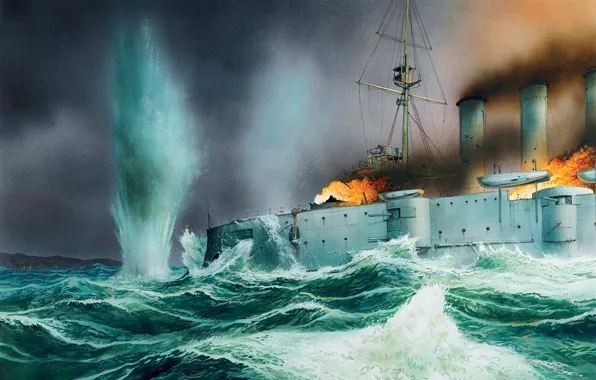 Sea, wave, figure, explosions, art, Chile, British, WW1