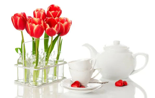 Flowers, kettle, candy, Cup, hearts, tulips, spoon