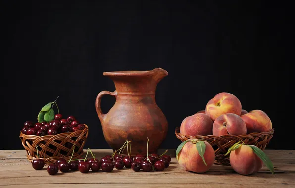 Table, pitcher, peaches, cherry, baskets