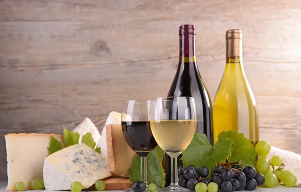 Cheese, grapes, leaves, red wine, white wine