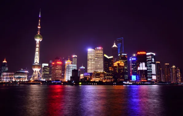Lights, reflection, river, China, skyscrapers, backlight, China, Shanghai