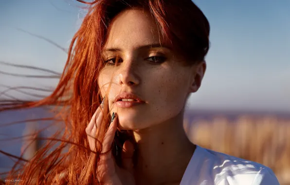 Picture look, girl, face, hair, hand, portrait, freckles, red