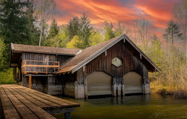 Autumn, forest, house, pierce, house, the bridge, pond, fishing