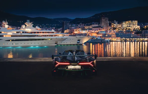 Night, Roadster, Lamborghini, supercar, supercar, rear view, 2014, Veneno
